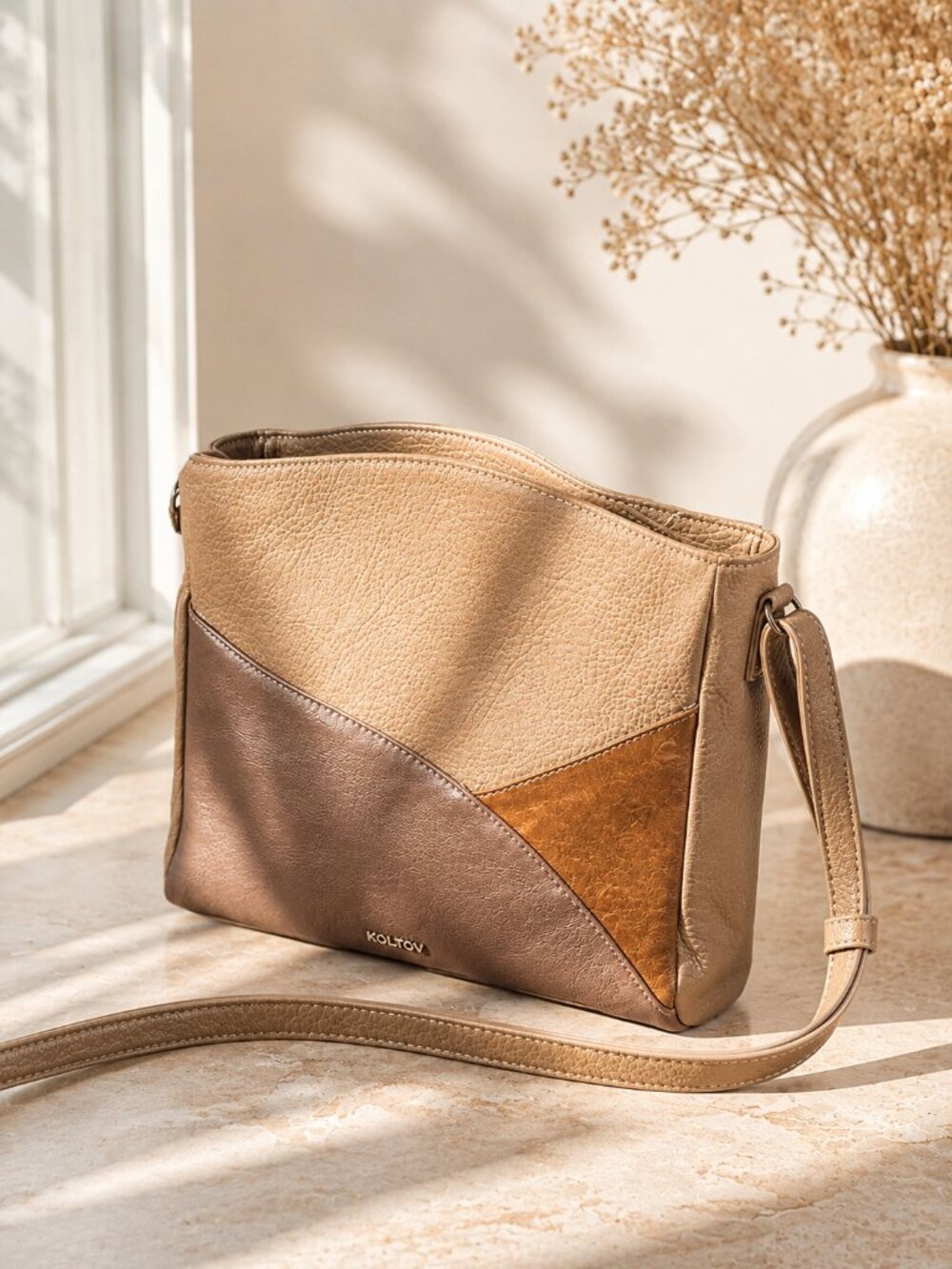 Koltov Colorblock Crossbody Bag Neutral Tones Faux Leather Like New Chic